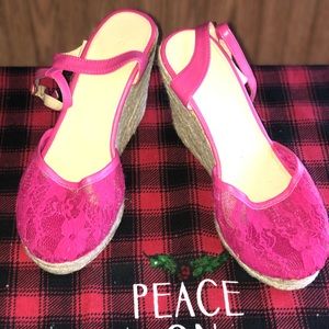 Hot pink ankle strap wedges